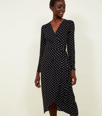 Black Polka Dot Soft Touch Midi Wrap Dress | New Look